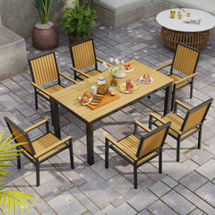 Outsunny 6 Seater Garden Dining Set with Stackable Chairs, Aluminium Frame, Rectangular Plastic Top, Garden Furniture Set, Outdoor Dining Table and Chairs for Patio, Balcony, Poolside, Nature Wood