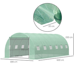 Outsunny 6 x 3 x 2 m Polytunnel Greenhouse with Roll-up Door and 12 Mesh Windows, Walk-in Garden Tunnel Warm House Tent with UV-resistant PE Cover and Galvanised Steel Frame, Green