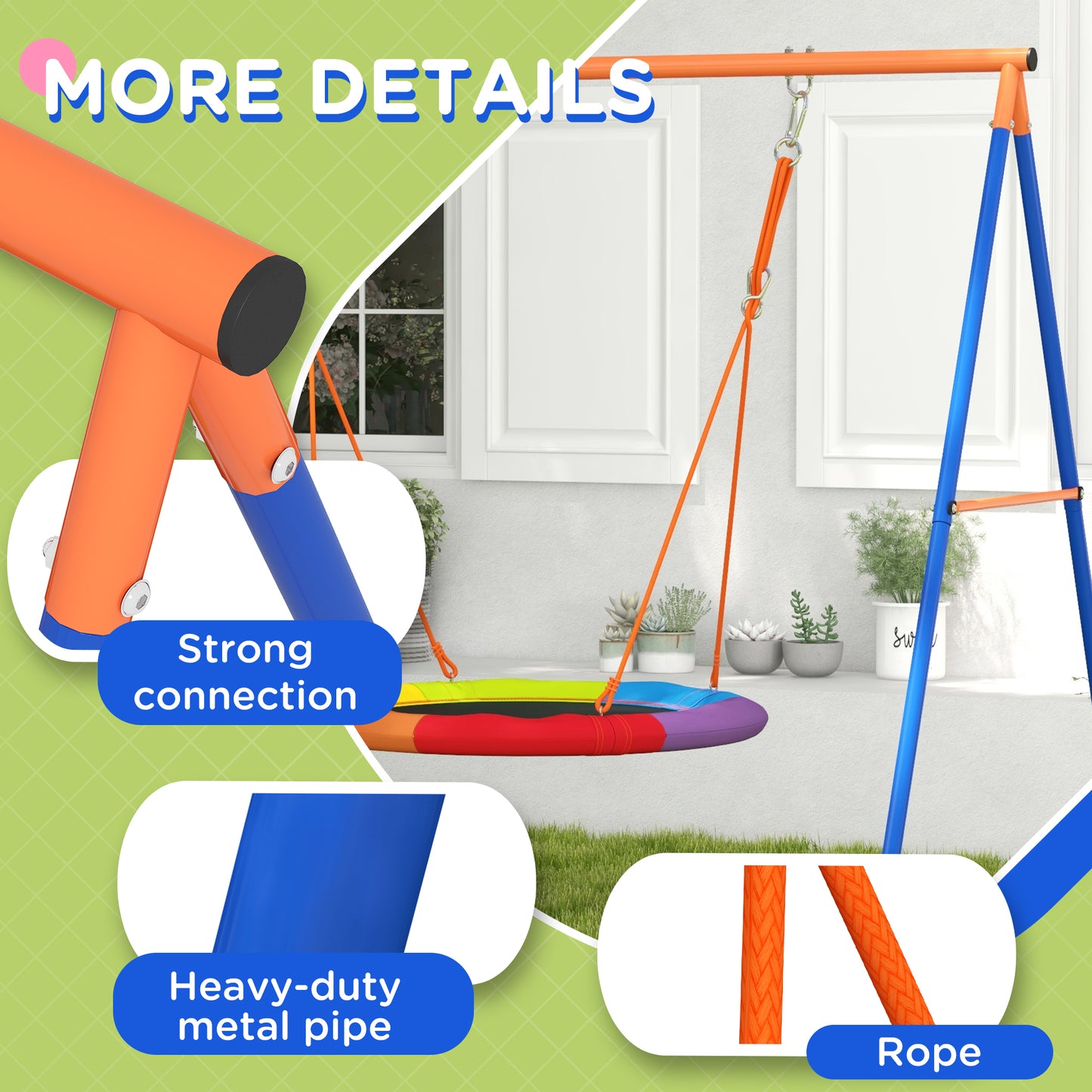 Outsunny Metal Kids Swing Set Nest Swing Seat with A-Frame Structure for Outdoor Use - Multicoloured