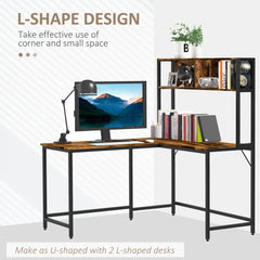 HOMCOM Reversible L Shaped Desk with Hutch, Industrial Computer Desk, Corner Desk with Storage Compartments and Steel Frame for Home Office, Study, 140 x 125cm, Brown