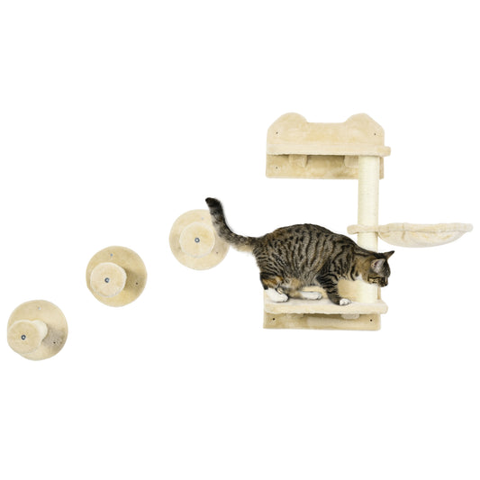 PawHut 4 Piece Cat Shelf with Scratching Post, Wall-Mounted Cat Tree for Indoor Cat - Beige