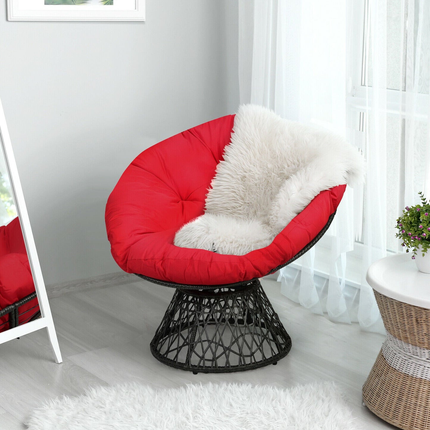 Rattan Papasan Chair with 360° Swivel and Soft Cushion-Red