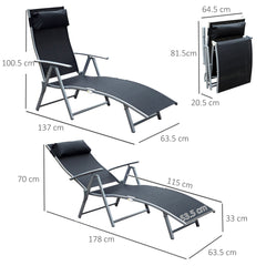 Outsunny Sun Lounger Steel Frame Outdoor Folding Chaise Texteline Lounge Chair Recliner with Headrest & 7 Levels Adjustable Backrest, Black