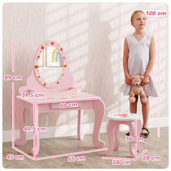 AIYAPLAY Kids Dressing Table Set, Vanity Table with Stool, Mirror, Drawer, Desktop Storage, Strawberry Theme, Pink