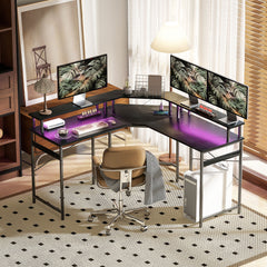 HOMCOM 'L' Shaped Work Desk, with LED Lights - Black