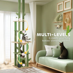 PawHut 225-255cm Adjustable Floor to Ceiling Cat Tree, Tall Cat Tower for Indoor Cats w/ Scratching Posts, Green