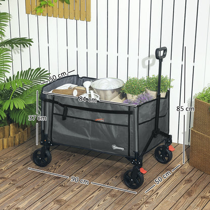 Outsunny Folding Trolley on Wheels, 150L Collapsible Wagon Festival Trolley Cart with Openable Sides, Adjustable Handle and Brakes for Shopping Camping Beach and Garden, Grey