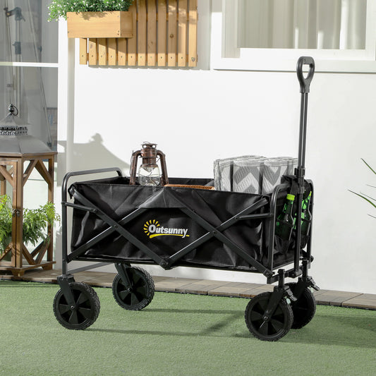 Outsunny Folding Steel Frame Garden Storage Cart, with Wheels and Handle - Black