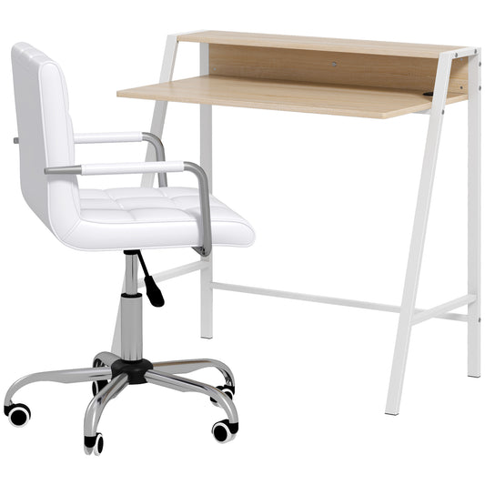 HOMCOM Home Office Chair and Computer Desk Set, Faux Leather Desk Chair with Swivel Wheels, Study Desk with Storage Shelf, White