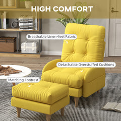 HOMCOM Upholstered Recliner Armchair with Footstool Set, Modern Button Tufted Accent Chair with Adjustable Backrest, Cushions, Wood Legs and Side Pockets for Living Room, Bedroom, Home Study, Yellow