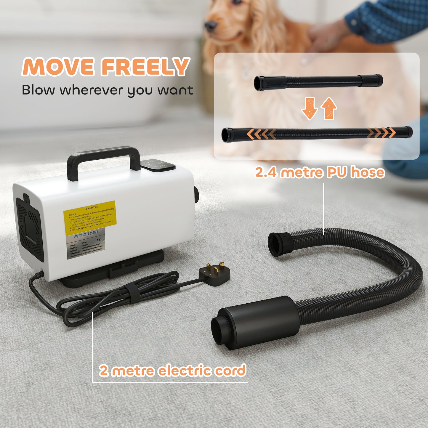 PawHut 2200W Dog Hair Dryer with Auto Adjustable Temperature & Airflow, 3 Nozzles, Digital Screen, for Dogs Cats, White