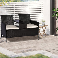 Outsunny 2 Seater Rattan Campanion Chair Wicker Loveseat Outdoor Patio Armchair with Drink Table Garden Furniture - Dark Brown