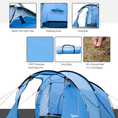 Outsunny 2 Room Tent with Vestibule, Weather-Resistant Camping Tent with Air Vents for Fishing Hiking, Sky Blue