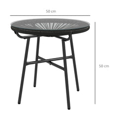 Outsunny Rattan Side Table, Round Outdoor Coffee Table, with Round PE Rattan and Tempered Glass Tabletop for Patio, Garden, Balcony, Black