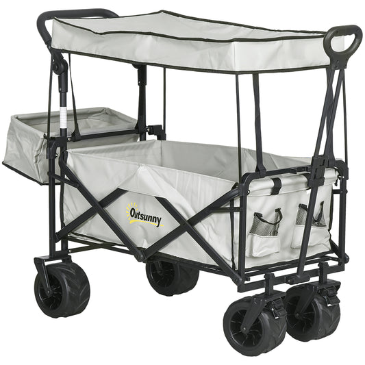 Outsunny Folding Trolley Cart Storage Wagon Beach Trailer 4 Wheels with Handle Overhead Canopy Cart Push Pull for Camping, Grey