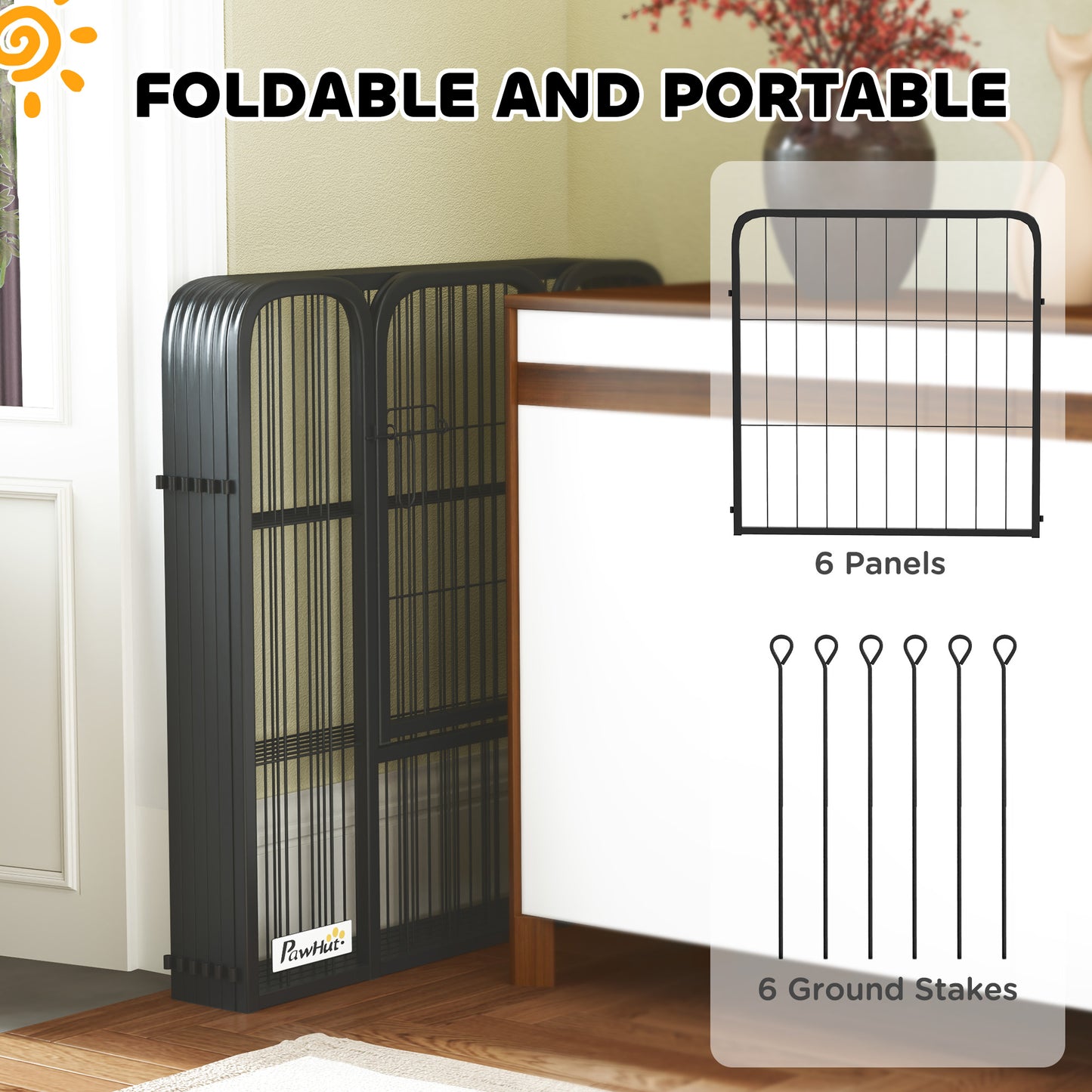 PawHut 6 Panels Heavy Duty Dog Playpen with Secure Door, for Indoor Outdoor, for Garden, Camping, 60cm High