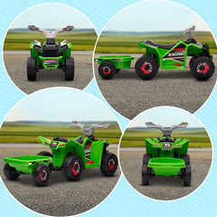 HOMCOM 6V Quad Bike with Back Trailer, Wear-Resistant Wheels, for Ages 18-36 Months, Green