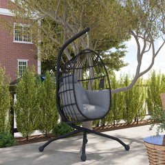 Outsunny Hanging Egg Chair Outdoor Indoor Garden Swing Chair with Folding Basket and Thickened Cushion, Garden Hanging Chair with Stand, Headrest, Cup Holder for Patio, Balcony, Dark Grey