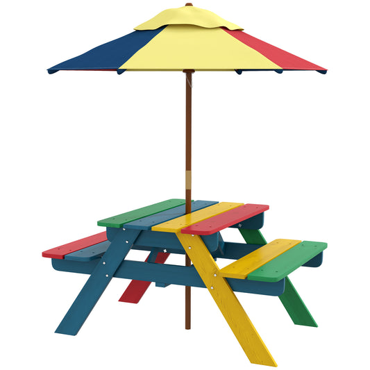 Outsunny Wooden Kids Table and Chair Set with Removable Parasol, for Ages 3-6 Years - Multicoloured