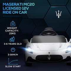 سيارة كهربائية للأطفال مرخصة من AIYAPLAY Maserati MC20 بقوة 12 فولت مع جهاز تحكم عن بعد ونظام تعليق زنبركي، باللون الأبيض