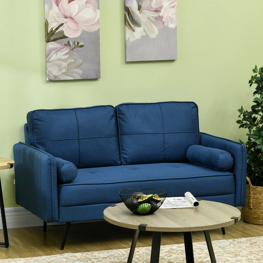 HOMCOM 143cm Loveseat Sofa for Bedroom Upholstered 2 Seater Sofa with Back Cushions and Pillows, Blue