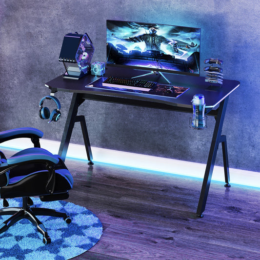 HOMCOM RGB 120 x 66cm Gaming Desk, Computer Table with Carbon Fibre Surface, Headphone Hook, Cup Holder, Controller Rack, Home Office Desk, Black