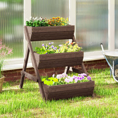 Outsunny 3 Tier Raised Garden Bed Wooden Elevated Planter Box Kit, 66L for Flower, Vegetable, Herb, 65x75x78cm, Tan