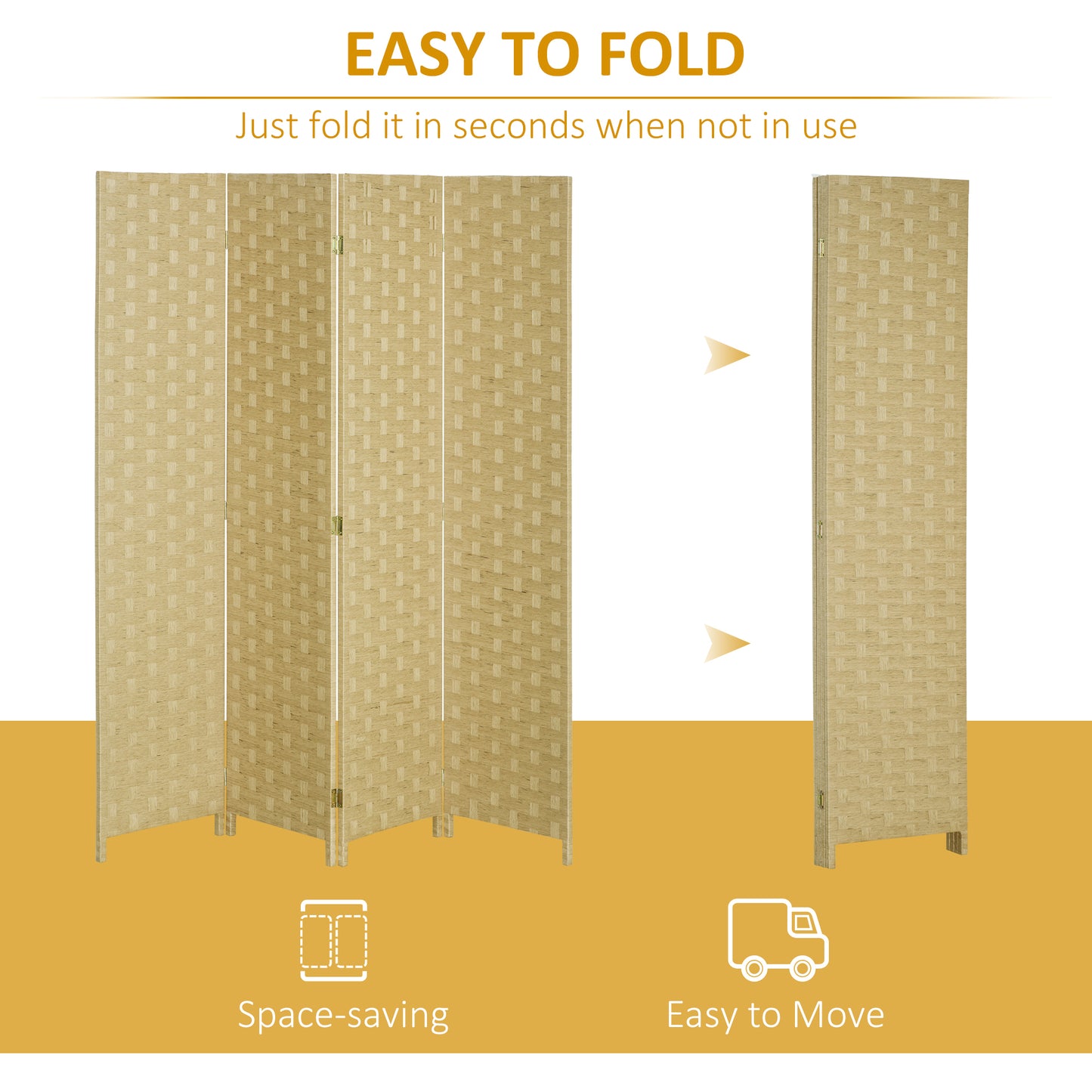 HOMCOM 4-Panel Room Dividers, Wave Fibre Freestanding Folding Privacy Screen Panels, Partition Wall Divider for Indoor Bedroom Office, 170√Ç cm, Brown