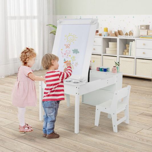 2-in-1 Kids Art Table and Art Easel Set with Chairs-White