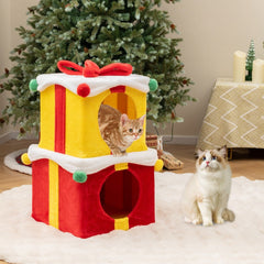 Indoor 2-Storey Cute Christmas Cat House with Bow-Colourful