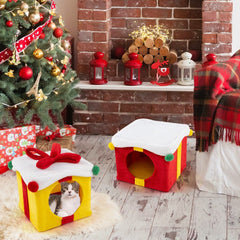 Indoor 2-Storey Cute Christmas Cat House with Bow-Colourful