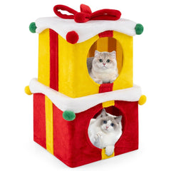 Indoor 2-Storey Cute Christmas Cat House with Bow-Colourful