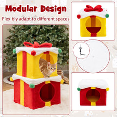 Indoor 2-Storey Cute Christmas Cat House with Bow-Colourful