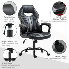 Vinsetto Computer Gaming Chair, Desk Chair with Breathable PU Leather Back and Seat, Soft Padded Armrests and Rolling Wheels for Adults and Gamers, Black