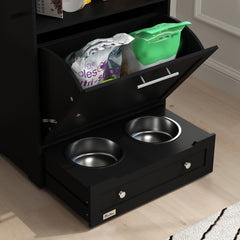 PawHut Pet Feeder Station, Dog, Cat Storage Container, with Raised Bowls, Hanger, Cabinet - Black