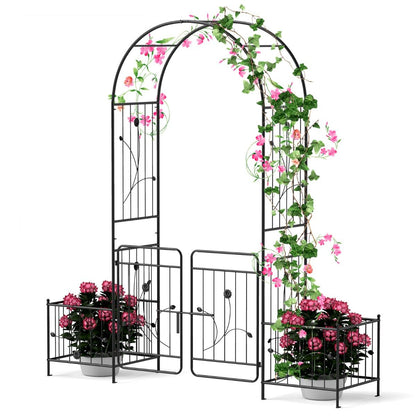 220cm Garden Arbor Metal Arch Trellis Lockable Gate with Side Planters-Black