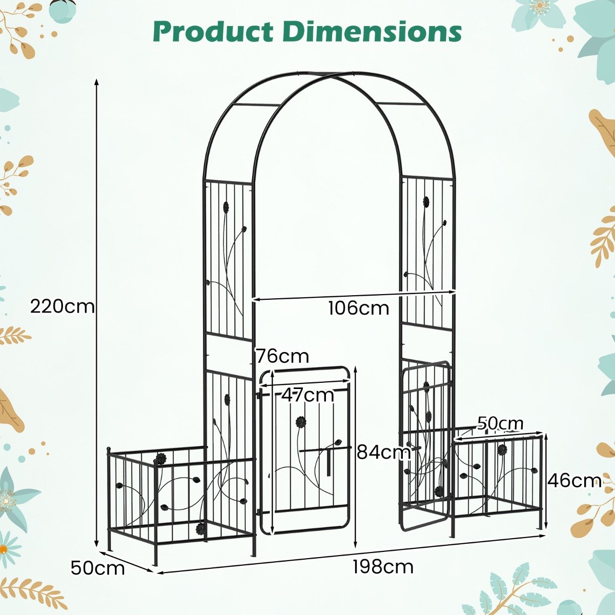 220cm Garden Arbor Metal Arch Trellis Lockable Gate with Side Planters-Black