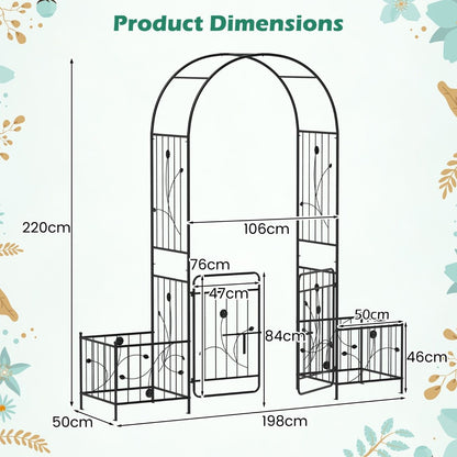 220cm Garden Arbor Metal Arch Trellis Lockable Gate with Side Planters-Black