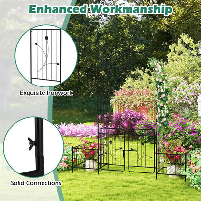 220cm Garden Arbor Metal Arch Trellis Lockable Gate with Side Planters-Black