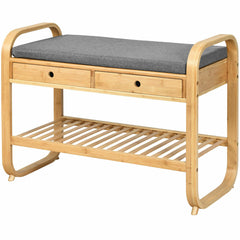 Bamboo Open Shoe Storage Bench with Padded Seat Cushion and 2 Drawers-Natural