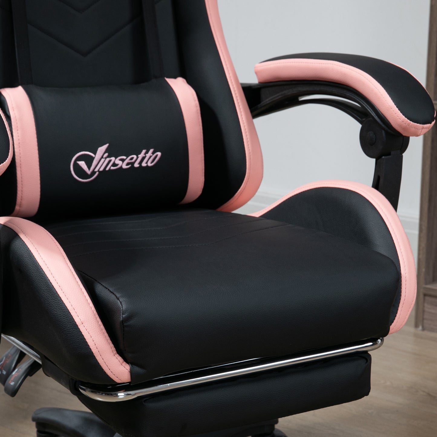 Vinsetto Computer Gaming Chair, PU Leather Desk Chair with Footrest, Swivel Task Chair with 135√Ç¬∞ Reclining Back and Lumbar Support, PC Chair for Adults, Black and Pink