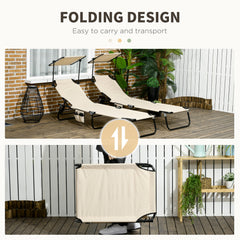 Outsunny 2 Piece Folding Sun Loungers with Canopy, Adjustable Recliner Garden Chairs with Side Pocket, Steel Frame and Breathable Mesh for Outdoor, Pool, Beach, Garden, Tan Brown