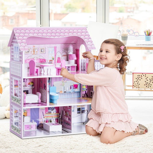 Wooden Dolls House Playset with Furniture and Accessories