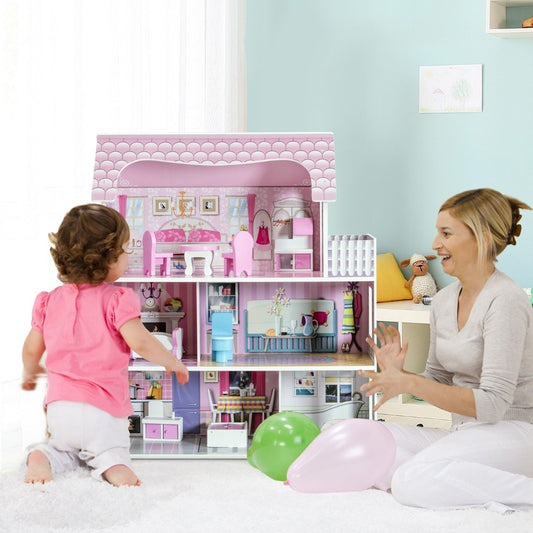 Wooden Dolls House Playset with Furniture and Accessories