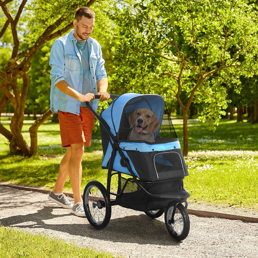 عربة أطفال PawHut Dog Pram Dog Stroller Jogger قابلة للطي للكلاب المتوسطة والصغيرة، مع عجلات مطاطية ووسادة قابلة للغسل - أزرق