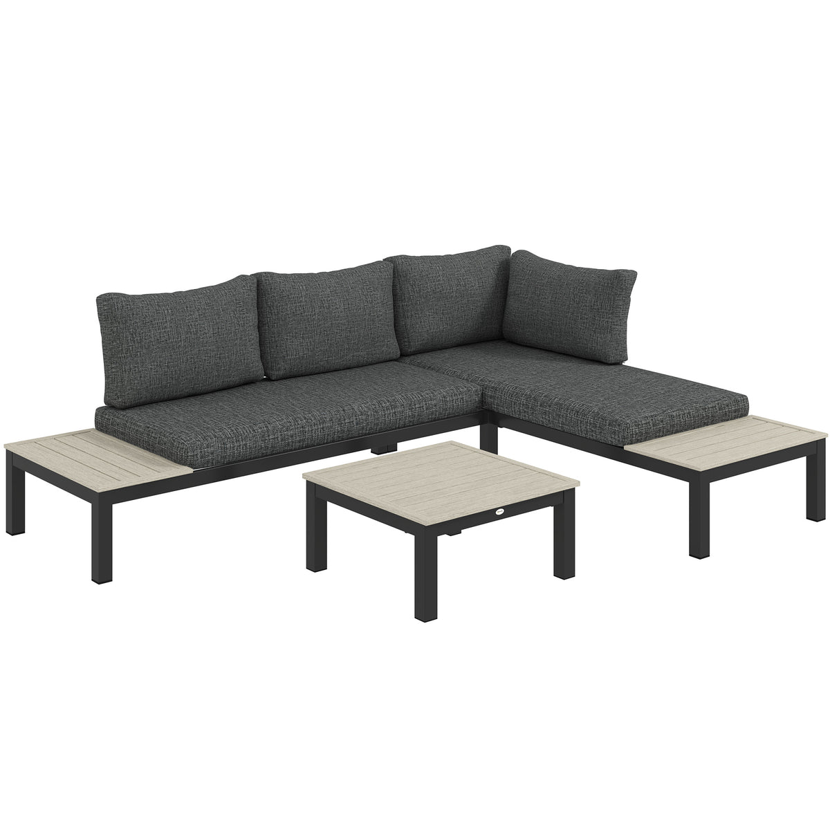 Outsunny 3 Pieces Garden Furniture Sets, Aluminium Outdoor Corner Sofa Set with 2 Loveseat and Coffee Table with Cushions for Garden, Dark Grey