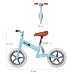 HOMCOM 12" Kids Balance Bike No Pedal Bicycle EVA Tire Adjustable Seat Toddler Training Bike W/ Shock Absorber 2 - 5 Years Gift for Boys Girls Blue