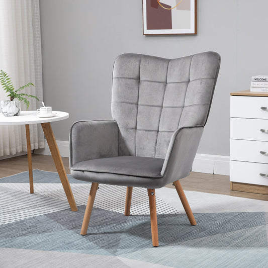 HOMCOM Modern Accent Chair, Upholstered Tufted Wingback Armchair with Seat Padding, Leisure Lounge Bedroom Chair with Wood Legs, Grey