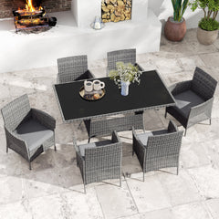 Outsunny 7-Piece Rattan Garden Furniture Set with Cushions, 6 Seater Garden Table and Chairs, Rattan Dining Set with 6 Armchairs, Rectangular Glass Top Table, Charcoal Grey