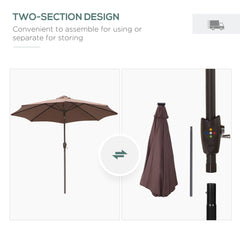 Outsunny â2.7m Garden 24 LED Light Parasol Solar Outdoor Tilt Sun Umbrella Patio Club Party Event Manual Sun Shade w/ Hand Crank and 8 Ribs, Brown